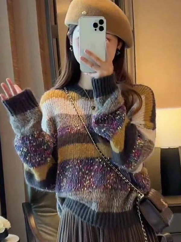 彩虹色条纹减龄毛衣女套头2025秋冬季新款撞色软糯慵懒宽松针织衫|undefined