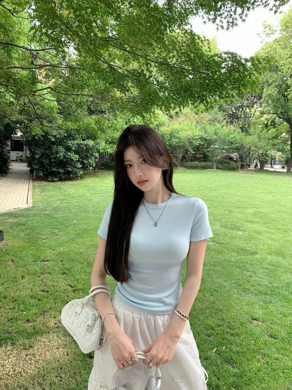 薄荷绿色短袖T恤女韩系正肩修身2025夏季新款显瘦纯色女装上衣潮|undefined