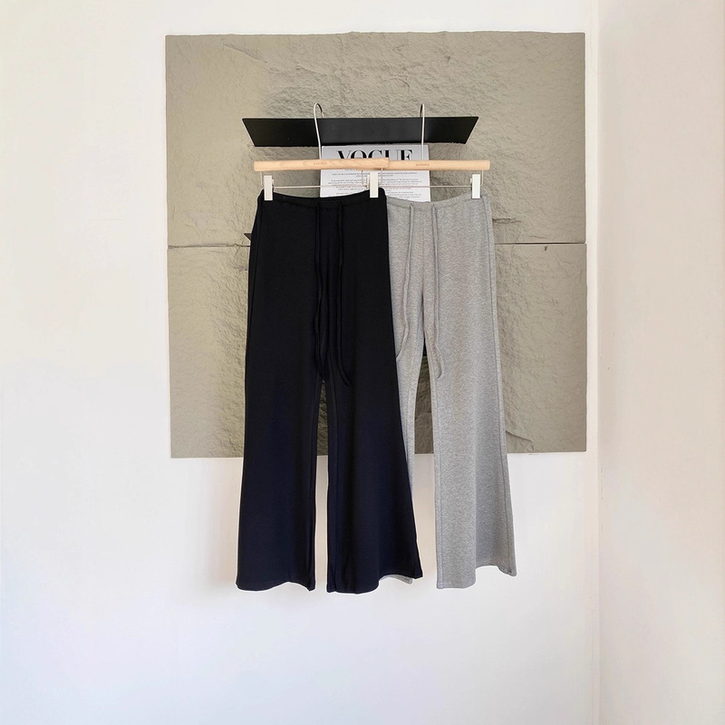 Gray Drawstring Elastic Waist Casual Pants for Women, Autumn Lazy Drape Flared Pants, Versatile Slimming Floor-Length Trousers