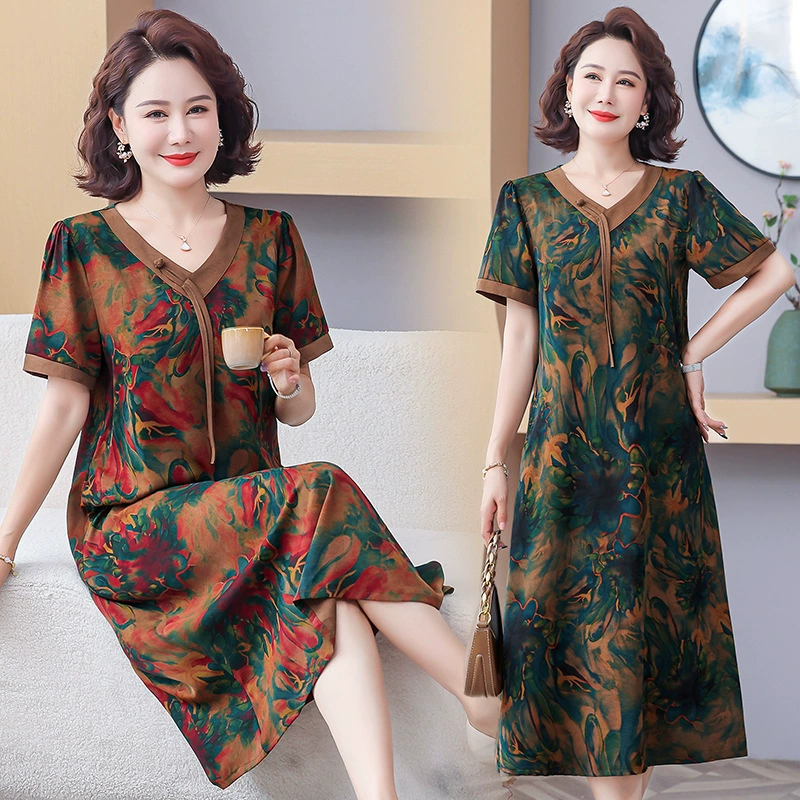 модное платье для женщин 2025, летний новый стиль, уменьшающее возраст, стройнящее, с цветочным принтом, универсальная юбка средней длины с короткими рукавами