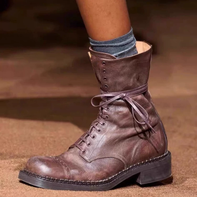 Коровья кожа версия ~ Новый кожаный старый средний локомотив Martin сапоги женщины Майлард толстый подошва толстый каблуки сапоги рыцарь сапоги