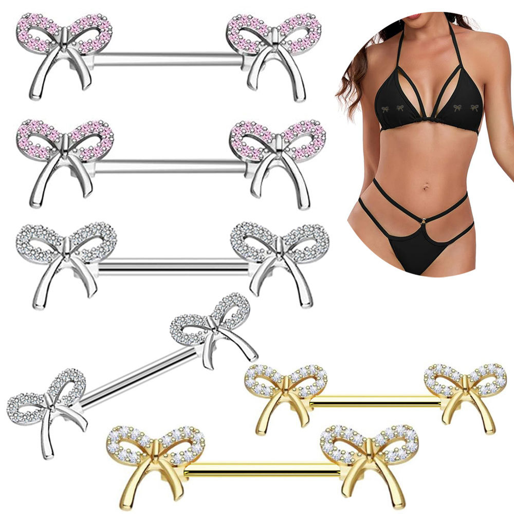 Cute Pink 16G Stainless Steel Bow Zircon Nipple Ring Exquisite Nipple Jewelry Pair detail image 3