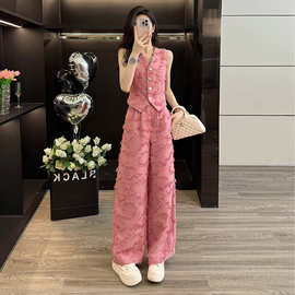 2025夏季休闲风套装气质高级感无袖马甲上衣宽松直筒裤遮肉两件套