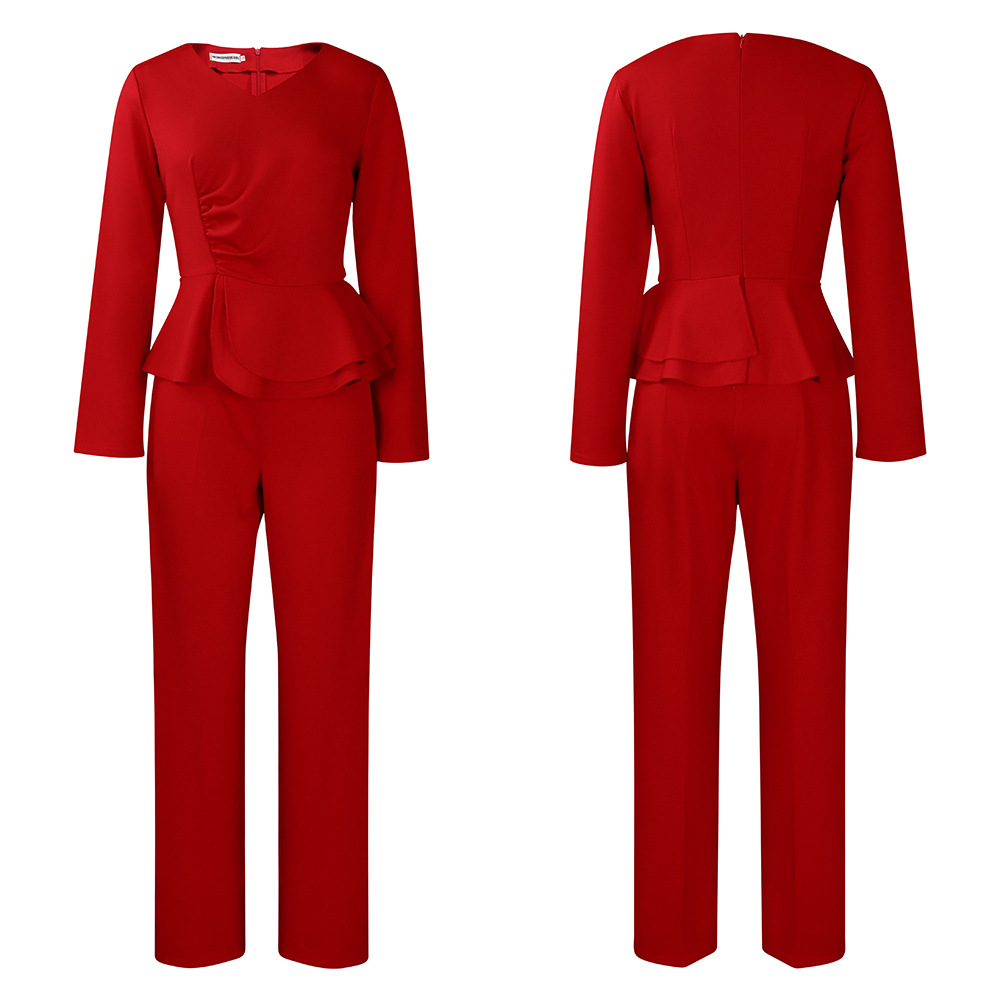 Autumn and winter women's new long-sleeved elegant temperament OL ruffled V-neck tops and pants two-piece set_voghion.com