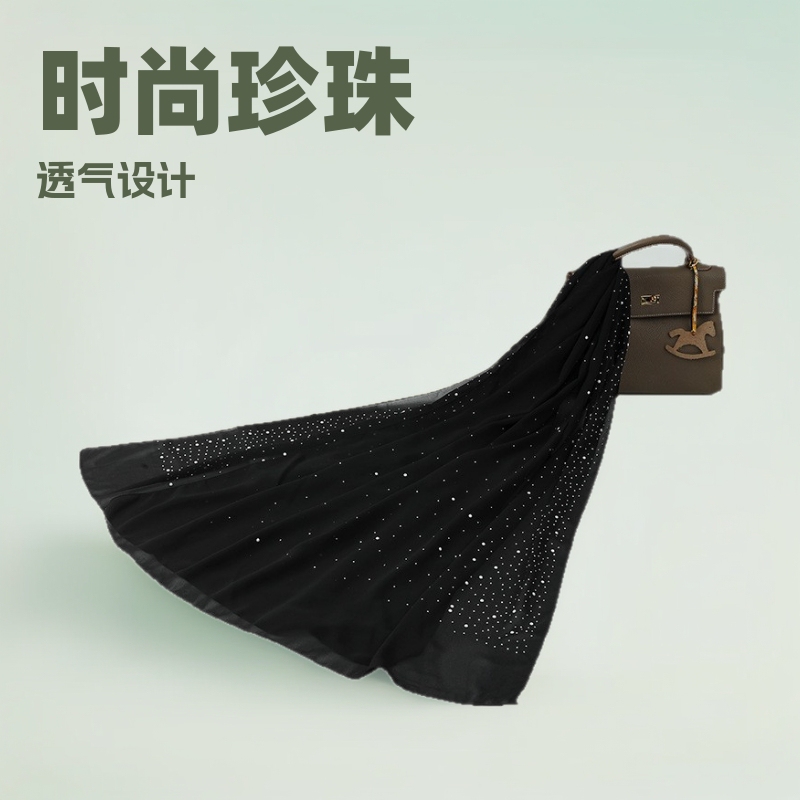 New Malaysian Monochrome Porcelain Perm Diamond Long Scarf Wholesale Thin Breathable Hijab Fashionable Pearl Chiffon Headscarf