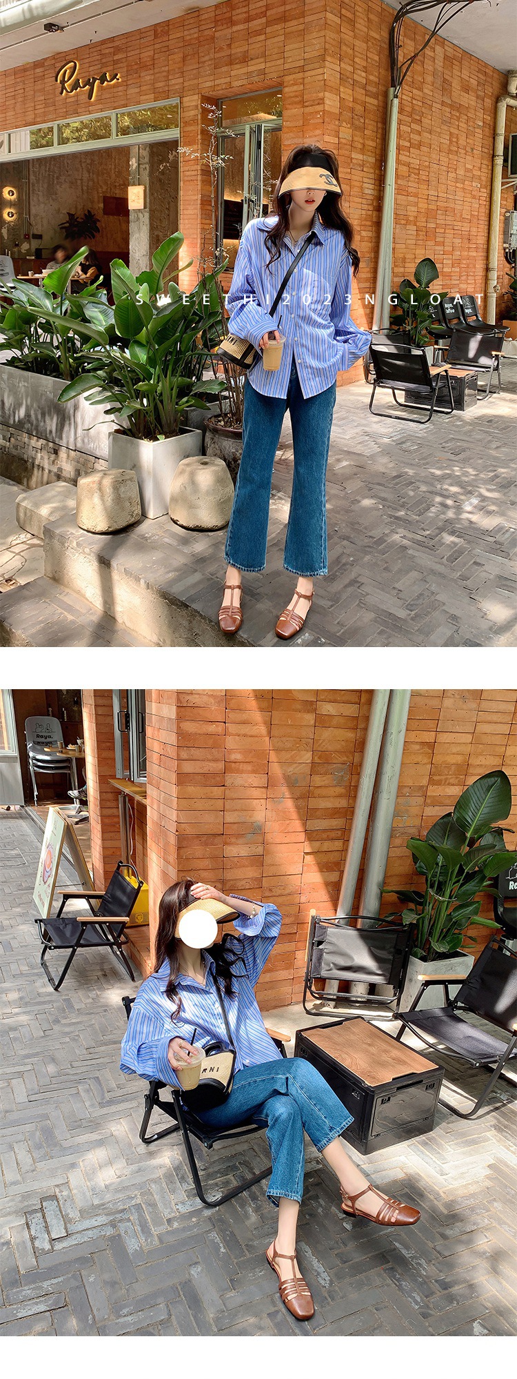 Sandal nữ đế bằng da bò lớp đầu quai chữ T dệt cổ điển — Màu nâu chi tiết 9