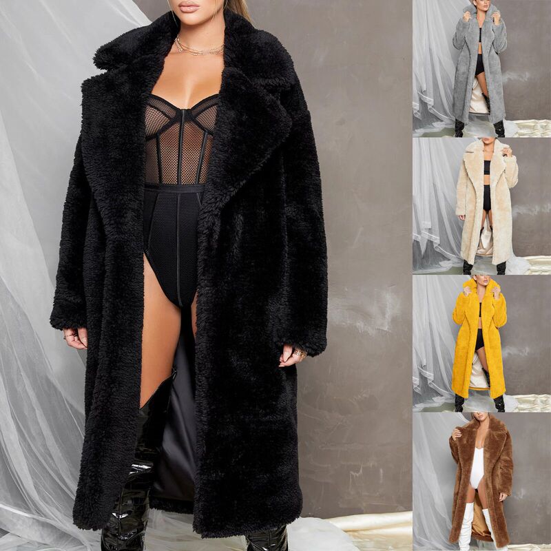 2025 Autumn and Winter New Style Lapel Waist Imitation Lamb Wool Simple Pure Color Long Imitation Fur Jacket