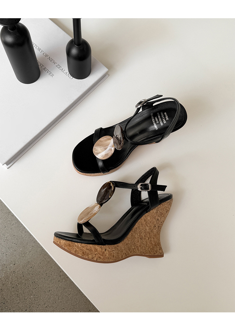 Sandal cao gót nữ phong cách cổ điển, đế xuồng platform, gót 9 cm, quai ngang kiểu La Mã — màu đen, màu trắng chi tiết 12