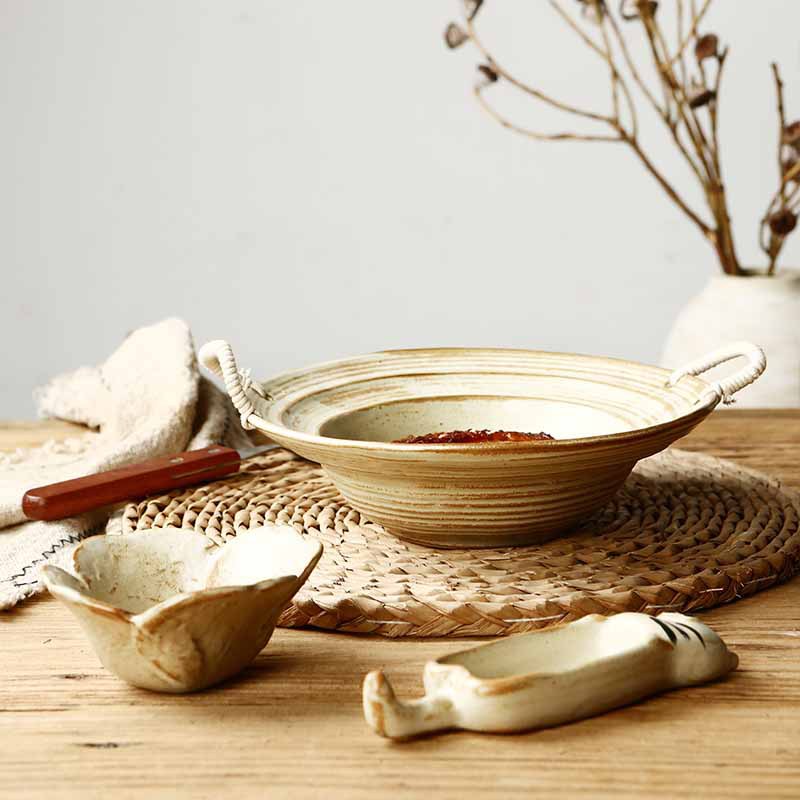 Cuerda de cáñamo cuenco de gres de doble oreja vintage apenado sombrero de paja cuenco de pasta hogar tazón de fideos tazón de sopa