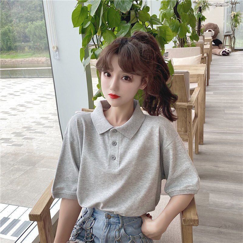 Summer Polo Shirt Short-Sleeved Turn-Down Collar Women's Collared T-Shirt Versatile Cotton Blend Sporty Polo Shirt Slim Fit Summer Polo Shirt Short-Sleeved Turn-Down Collar Women's Collared T-Shirt Versatile Cotton Blend Sporty Polo Shirt Slim Fit
