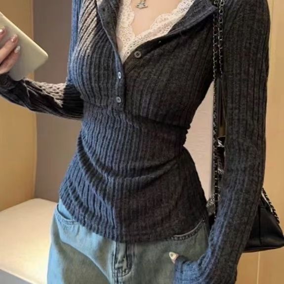 2026 New Lace Fake Two-Piece Knit Top, Versatile for Spring and Autumn, Niche Slim-Fit Commuter Style, Slimming Long-Sleeve Base Shirt