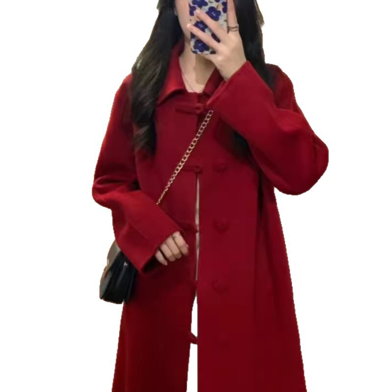 复古盘扣红色呢子大衣女2025秋冬季新款高级感小香风加厚毛呢外套|undefined