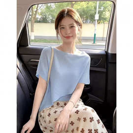 蓝色假两件防晒针织衫女夏季2026新款薄款不规则斗篷披肩气质上衣