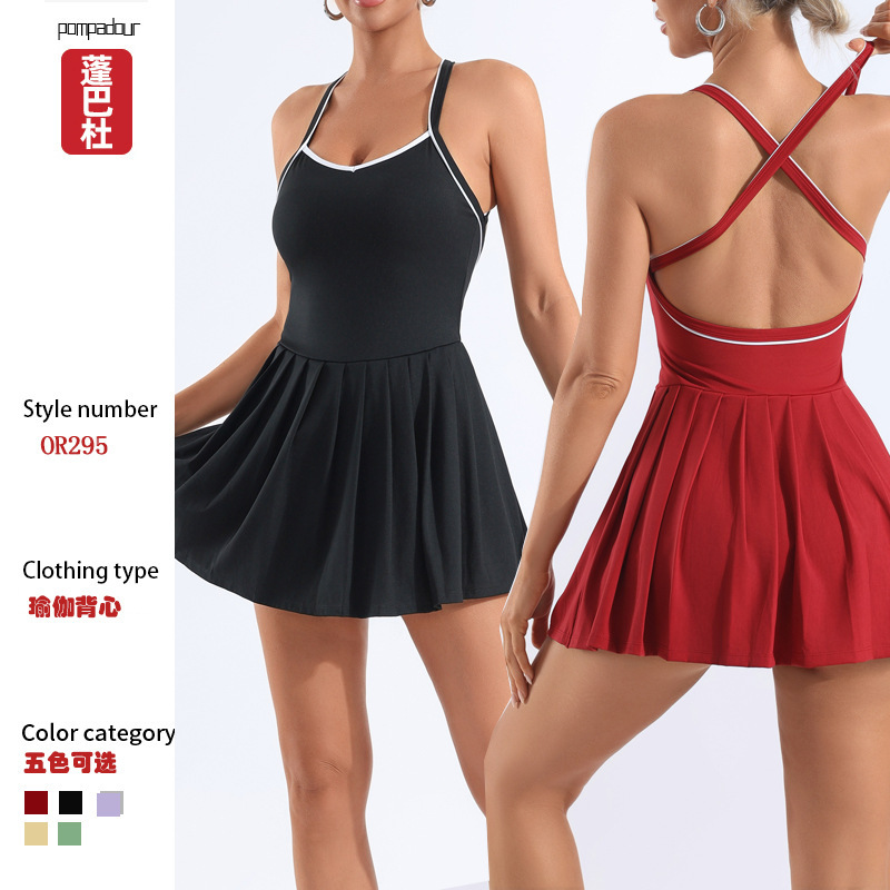 Foreign Trade Cross-Border Yoga One-Piece Skirt with Breast Pads, Color-Blocked Pleated Skirt, High-Elastic, Quick-Drying, Anti-Glare Golf Tennis Skirt