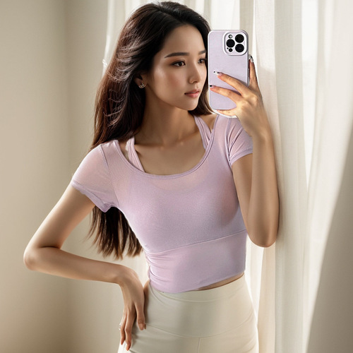 Yoga top with bra cups, Pilates summer sports short-sleeved two-piece yoga top, fitness top wholesale