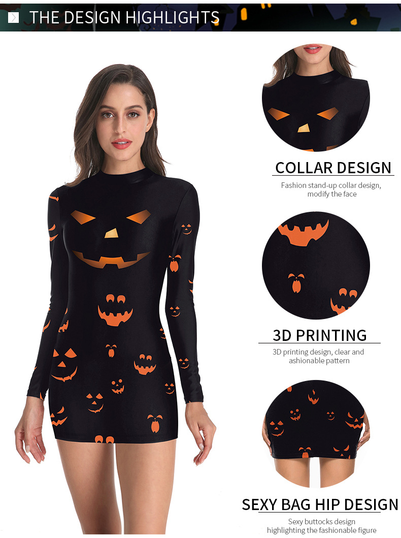 Halloween 3D Horror Pumpkin Digital Print Long Sleeve Dress NSNDB78850