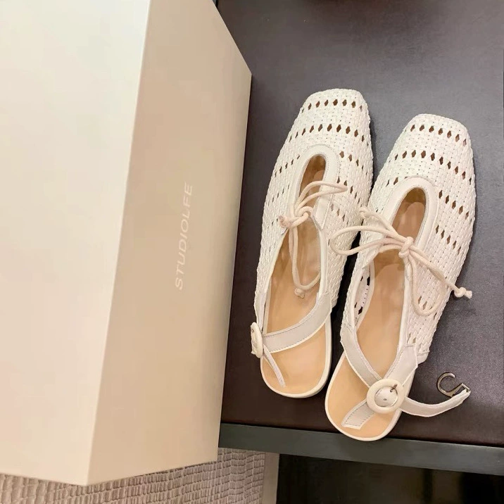 Женские летние сандалии-мюли и шлепанцы из натуральной французской кожи, плетеная сетка, коровья кожа, с открытым носком и ремешками.