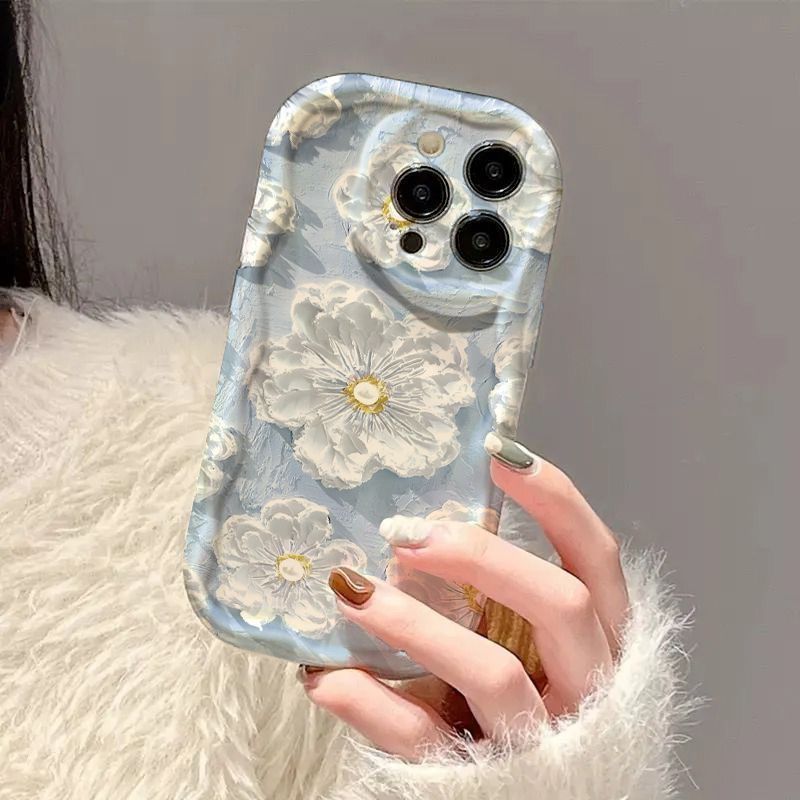 油画蓝白桃花适用苹果15PROMAX手机壳iPhone14个性13创意12软壳11|undefined