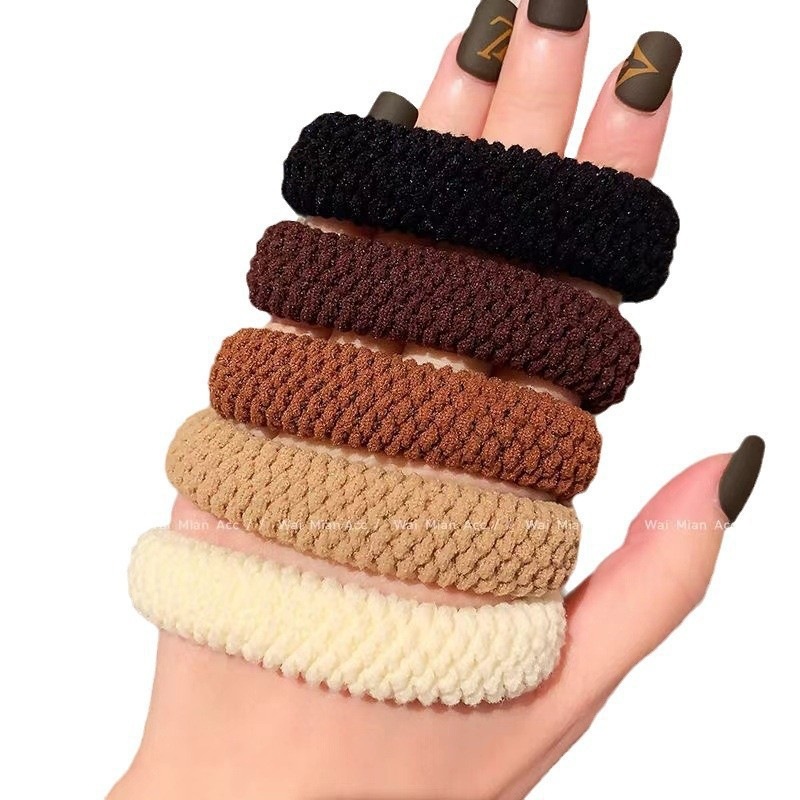 Ventas en caliente nuevas tiras de goma gruesas y gruesas de alta elasticidad anillo de cabello para mujeres de cola de caballo alta toalla duradera anillo de cabello cuerda de cabeza