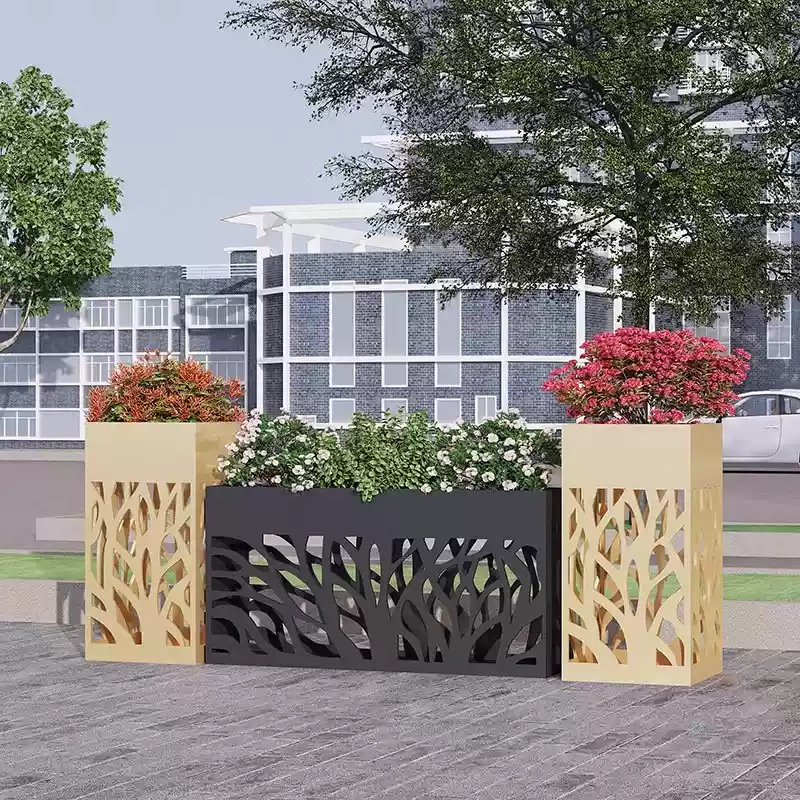 Caja de flores de acero inoxidable al aire libre combinación de cama de flores móvil divisoria de péndulo exterior departamento de ventas valla municipal caja de plantación de tanque de flores
