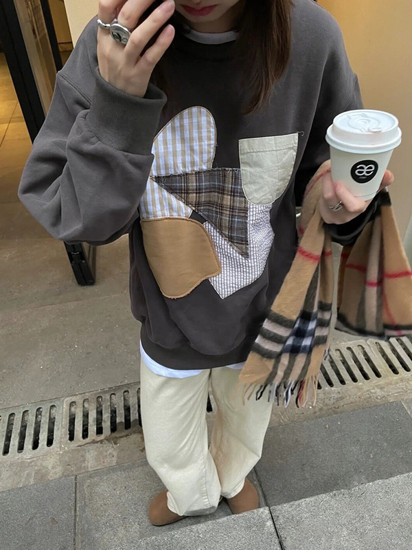 美式复古小众拼接圆领卫衣女秋冬洋气休闲设计感oversize长袖上衣|undefined