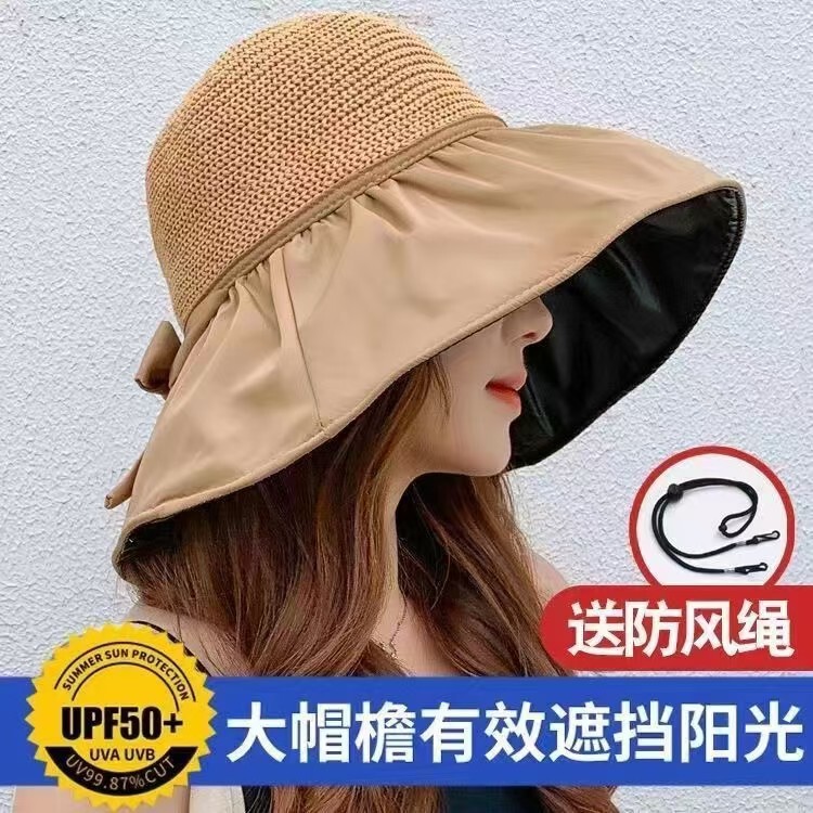 Summer Sunshade Fisherman Hat Black Rubber Foldable Anti-ultraviolet Sun Hat Women's Korean-style Hollow-out Big Eave Sun Hat