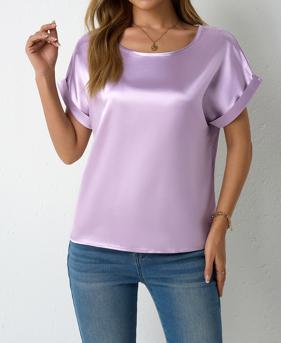 Camicia in raso da donna a maniche corte taglio morbido elegante_voghion.com