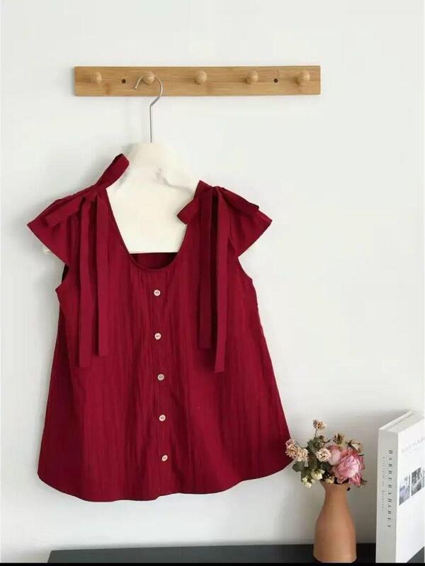 Korean-style dual-wear bow-tie strap short-sleeve blouse for women, summer design with a unique, youthful and chic vibe Korean-style dual-wear bow-tie strap short-sleeve blouse for women, summer design with a unique, youthful and chic vibe