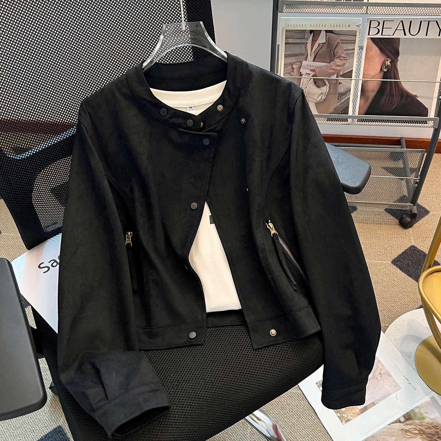 Stunning Black Suede Jacket for Women, Short Style, Early Autumn 2025 New Petite Biker Jacket