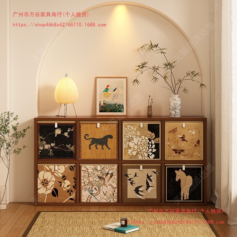 Medieval Style Cupboard Black Four-Compartment Cabinet Living Room Storage Cabinet Sofa Side Cabinet Partition Storage Cabinet Bedside Table Grid Cabinet