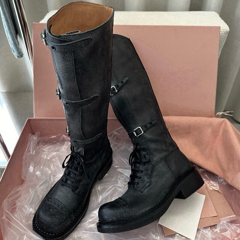[High-End Private Version] Niche Style Retro Square Toe Distressed Over-The-Knee Boots for Women with Belt Buckle and Color Polished Knight Boots