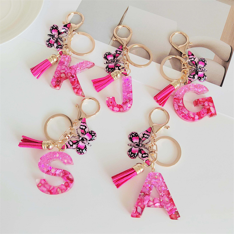 Cross Border 26 Initial Keychain Tassel Butterfly Pendant Keyring Charm Sequin Resin Keychain