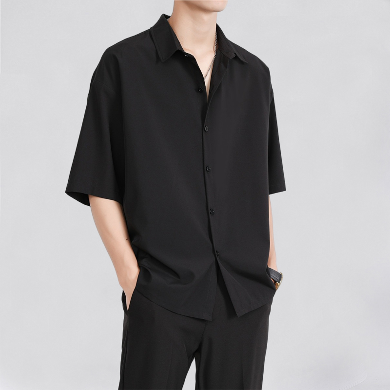 Ice Silk Shirt Men's Short-sleeved Summer Trendy Brand Fashionable Men's Casual Jacket High-end Sense Fat Handsome Half-sleeved Black Shirt Ice Silk Shirt Men's Short-sleeved Summer Trendy Brand Fashionable Men's Casual Jacket High-end Sense Fat Handsome Half-sleeved Black Shirt