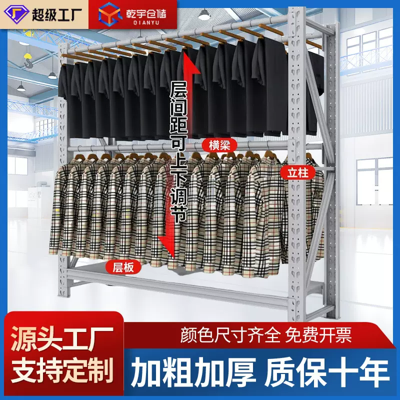 电商货架仓库防尘挂衣杆圆管组装衣服铁架子展示架多层挂衣架收纳