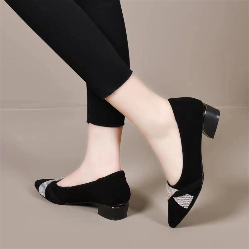 Bright Diamond Elegant Frosted Suede Pointed Small High Heel Fashionable Shallow Thin Heel Elegant Spring and Autumn Commuter Women's Leather Shoes