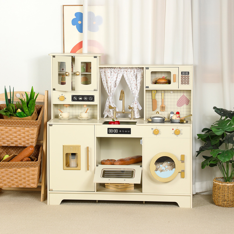 Children's Realistic Wooden Kitchen Stove and Coffee Machine Toy Set with Water Simulation for Pretend Cooking and Role-Playing