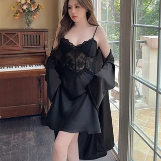 甜美睡衣女春夏冰丝绸高级感蕾丝吊带两件套睡裙家居服套装性感女