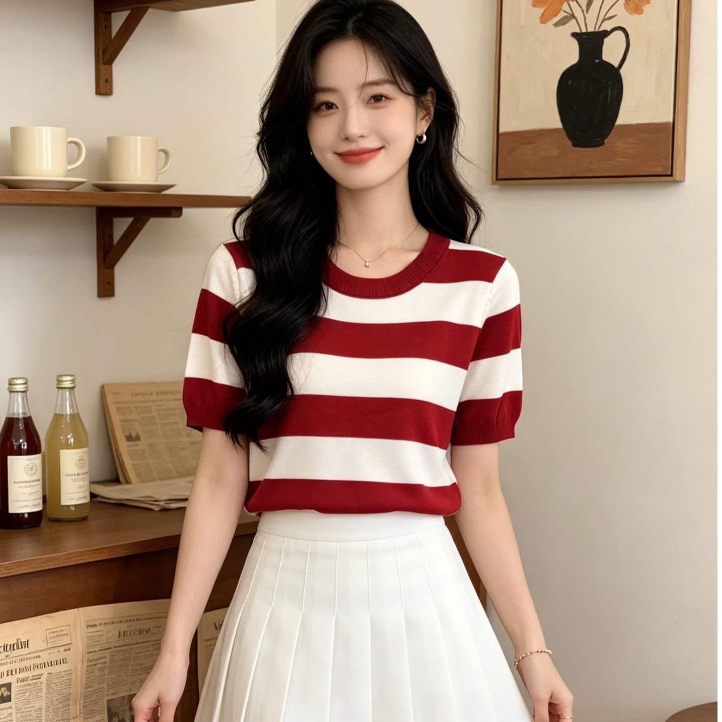 2026 Summer New Style Stylish and Simple Round Neck Color Block Striped Knit Pullover Short Sleeve