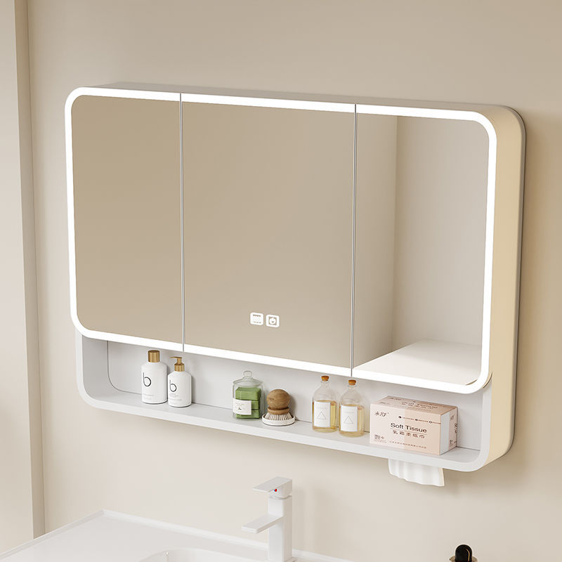 Heightened Space Aluminum Bathroom Mirror Cabinet, Separate Bathroom Wall-Mounted Defogging Mirror with Light Storage Integrated Storage Rack