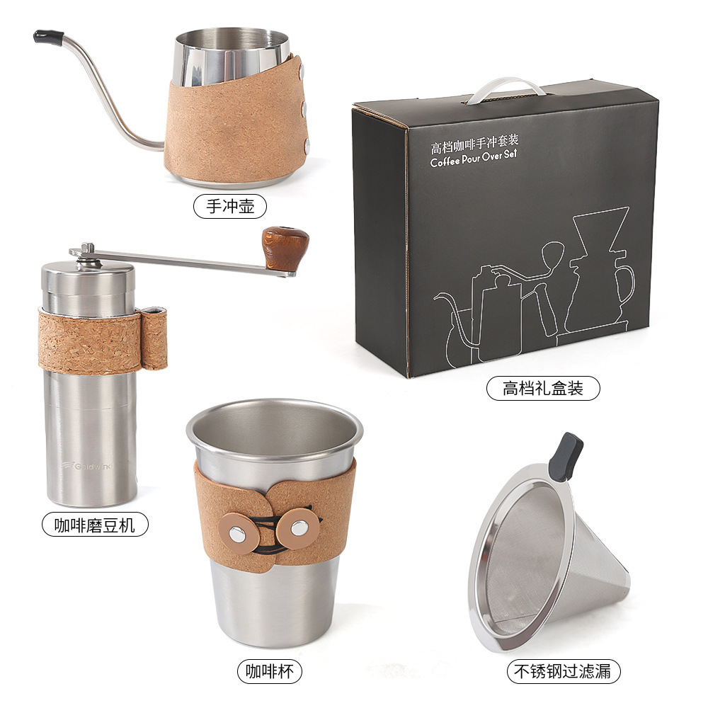 Tazas de café de campamento al aire libre cajas de regalo de cafetera portátiles de alta calidad de cafetera de café de mano conjunto molino de frijoles de mano