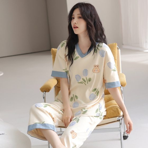 Summer Pajamas with Chest Pad Thin Sports Leisure Outwear plus size Women's Capri Pants Short Sleeve Home Clothes suit