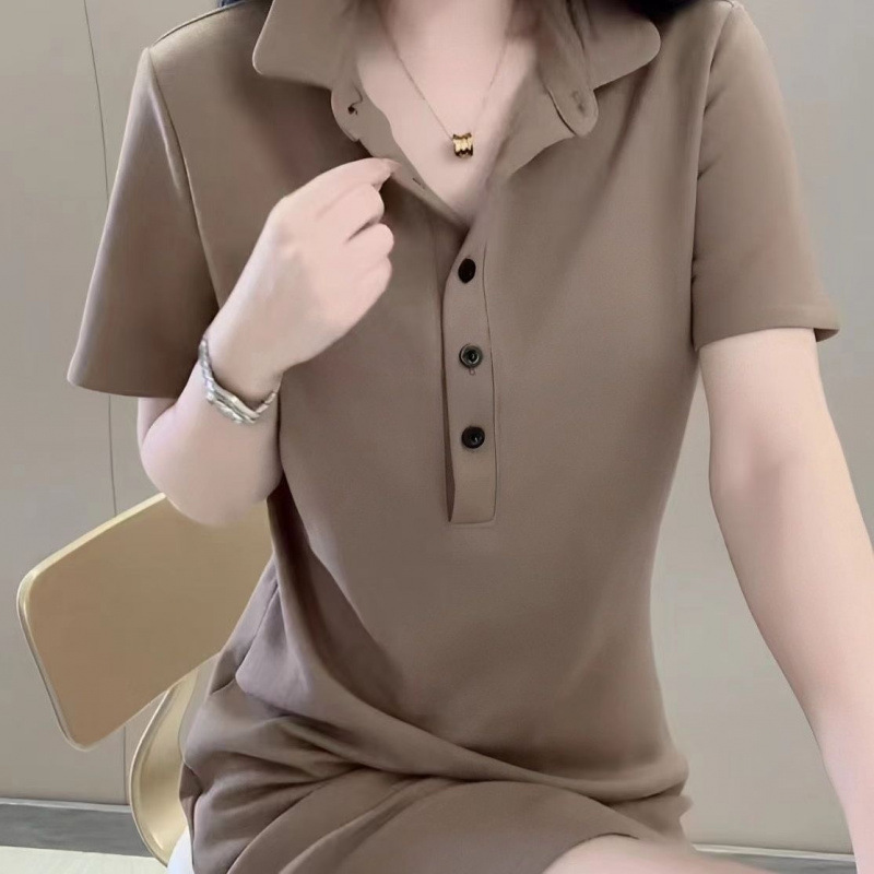 2025 New Summer Style Fashionable Long Dress with Lapel and Collar to Cover Belly Solid Color Black Coffee Color Tie-Dye Short Sleeves 2025 New Summer Style Fashionable Long Dress with Lapel and Collar to Cover Belly Solid Color Black Coffee Color Tie-Dye Short Sleeves
