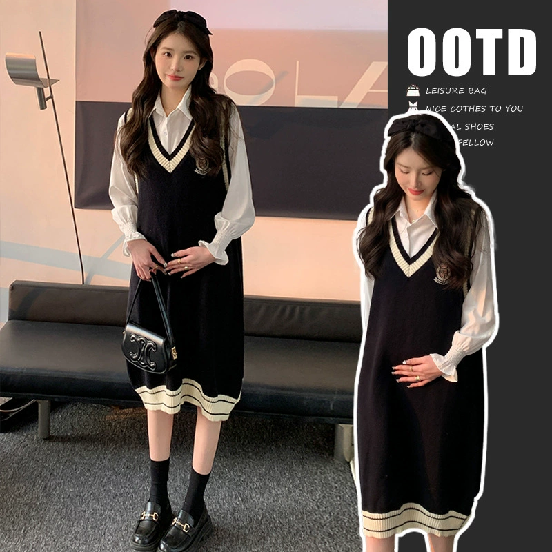 Материнство 2023 Модный костюм из двух частей в Корейском стиле, уменьшающая возраст рубашка в студенческом стиле, жилет, длинная юбка, рубашка, Сказочная юбка