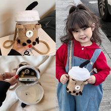 儿童包2023秋冬新款手工毛线包可爱小熊水桶包洋气女孩造型斜挎包