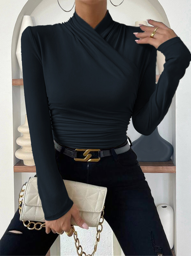 Elegant Women's Cross-Neck Slim-Fit T-Shirt Tuck Detail Versatile Autumn Winter Wardrobe Staple Fashion Top for Ladies_ecoleips.com