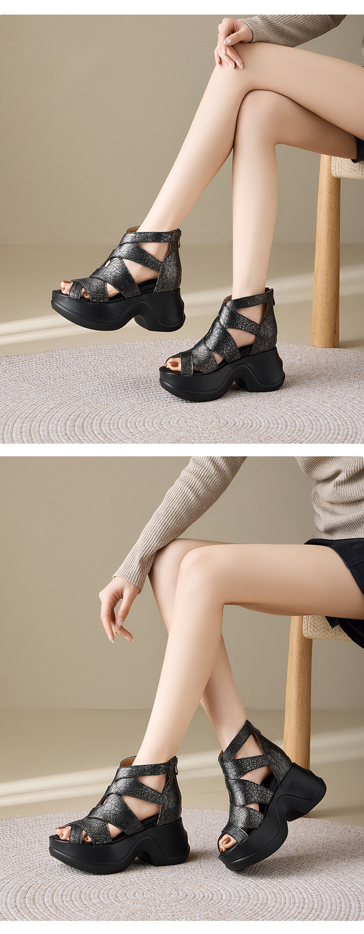 Sandal cao gót nữ đế xuồng hở mũi phong cách La Mã, gót 10 cm — màu đen, Vàng nhạt chi tiết 8