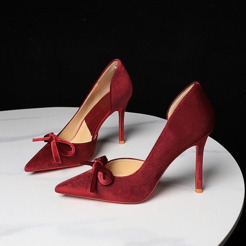 1851-H135 European and American Style Banquet High Heels for Women, Sexy Thin Heels, Velvet Side Cutout, Bowknot, Slimming Pointed Toe Pumps