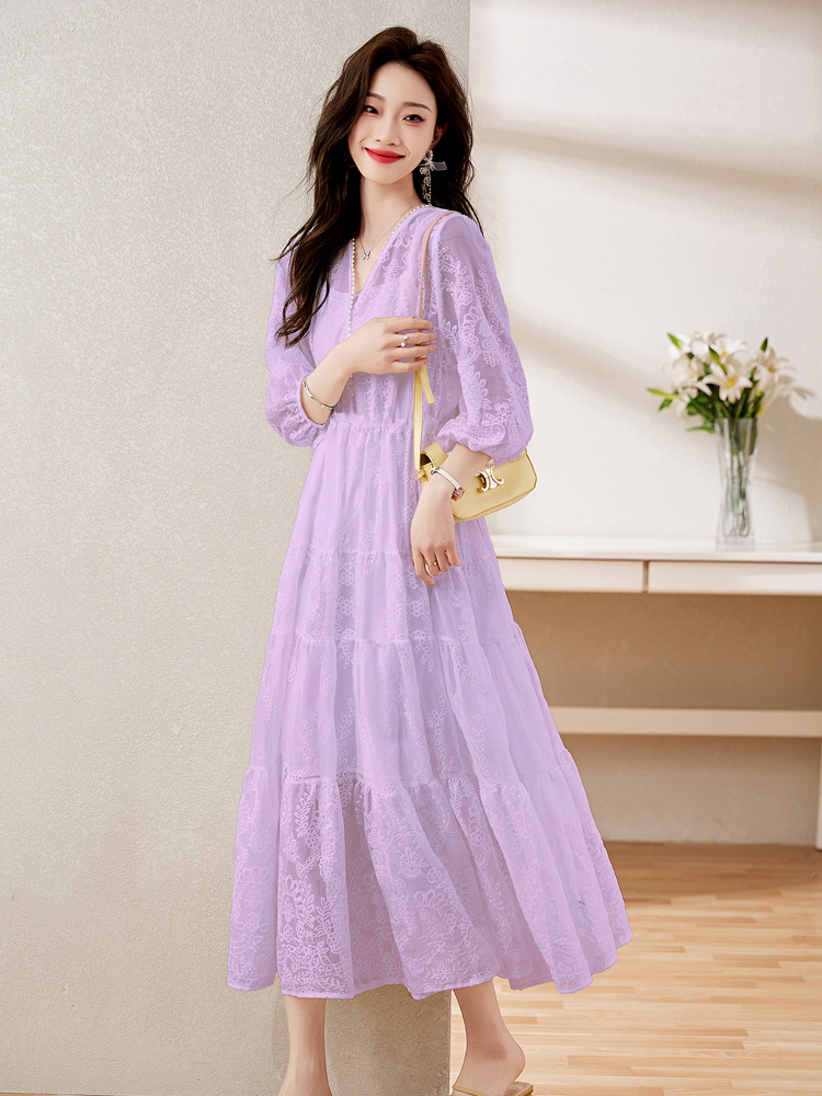 Đầm maxi nữ cổ V thắt eo dáng dài thanh lịch NY1608 — xanh lam, màu tím, màu vàng
