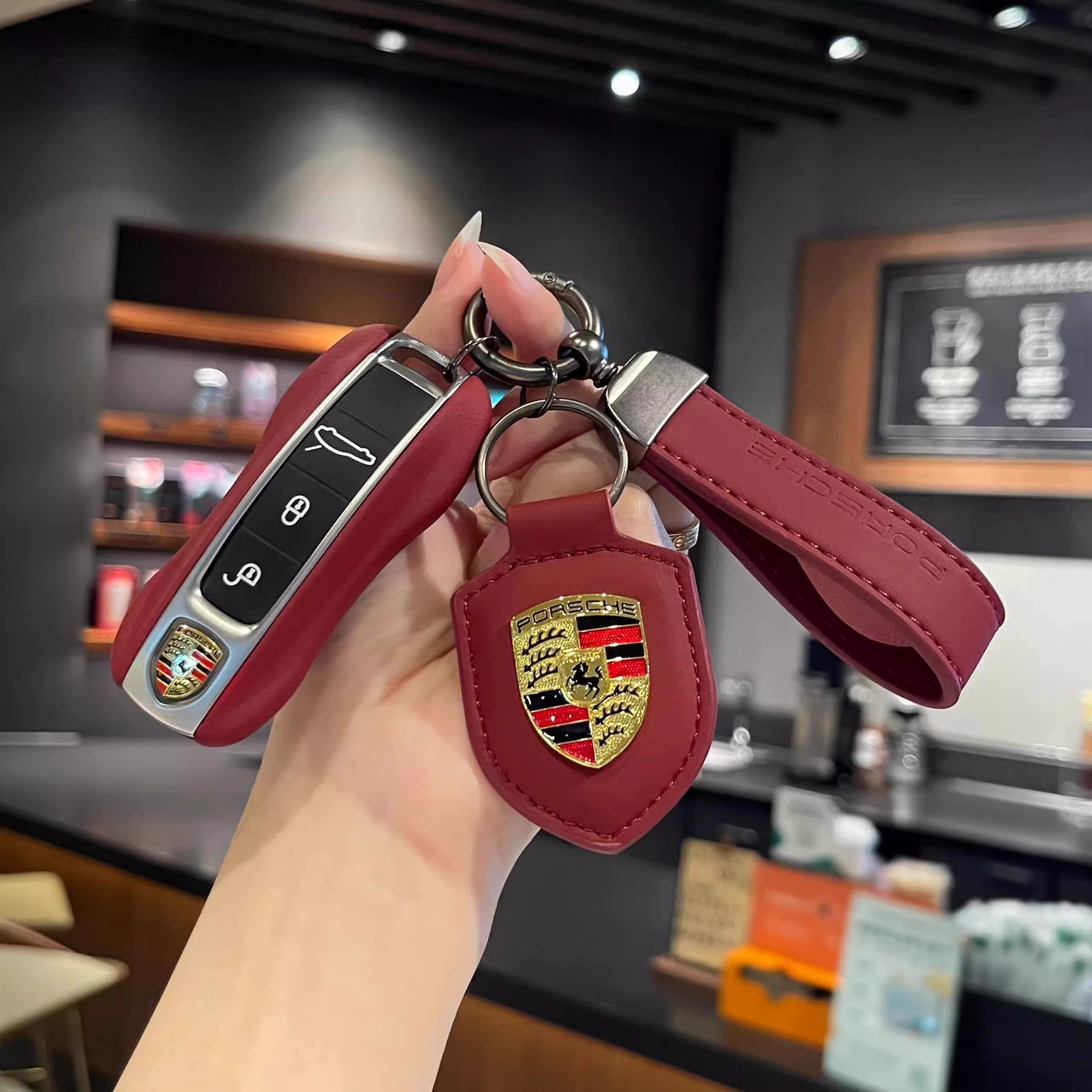 Porsche – Genuine Leather Key Static Rod/Key Bag - porsche-a-single-key-cover-bordeaux-red