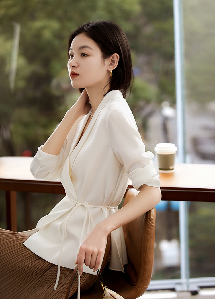 Áo sơ mi blazer satin Pháp dáng rộng tay dài đa năng — đen chi tiết 7